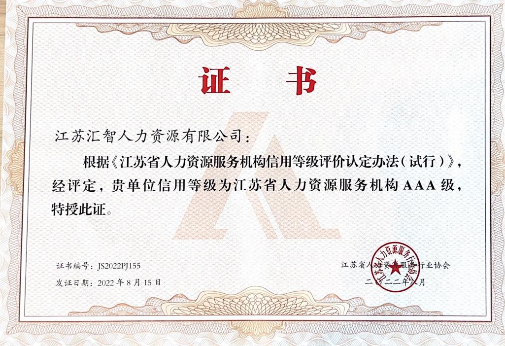 汇智人力荣获江苏省人力资源服务机构信用等级AAA级